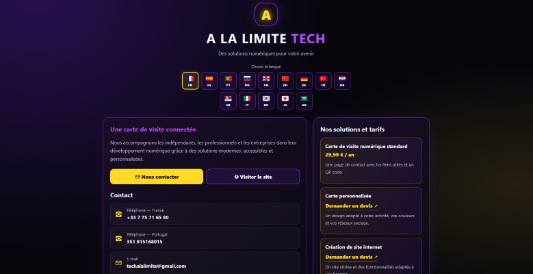 Carte de visite numérique A LA LIMITE TECH au design futuriste violet et or, avec coordonnées de contact, choix de 14 langues et QR code.